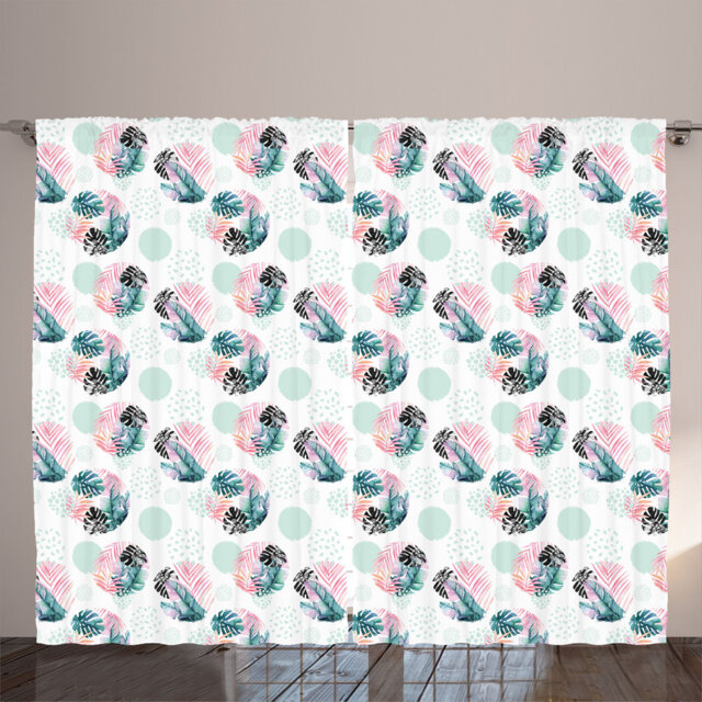 Rustic curtain, exotic foliage circles art, tropical, almond green and dark coral