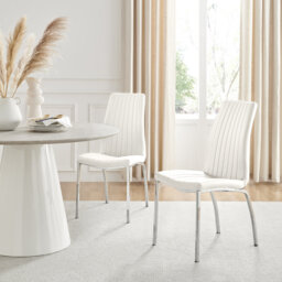 Basma Faux Leather Modern Tall Back Dining Chairs with Chrome Metal Legs & Vertical Stitching
