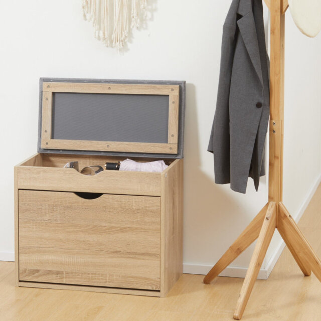 Scandinavian Style Shoe Bench with Cushion â Natural Oak Effect Hallway Storage Bench, Flip-up Shoe Cabinet for 4 Pairs, Hidden Top Compartment, Lin