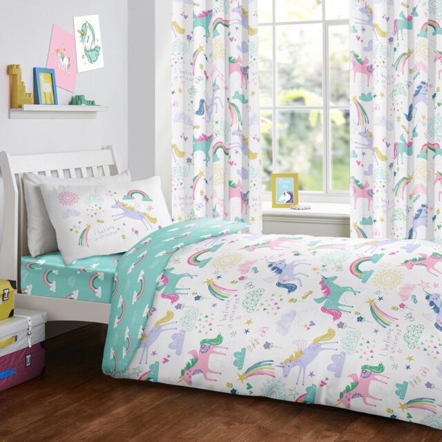 Rainbow Unicorn Aqua Blue/White/Pink 132 TC Reversible Duvet Cover Set