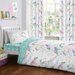 Rainbow Unicorn Aqua Blue/White/Pink 132 TC Reversible Duvet Cover Set