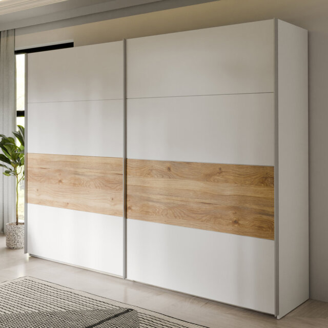Modern wardrobe with 2 large sliding doors, clothing rail, shelves, engineered wood, white/warm oak decor, 269.9 cm W x 210.5 cm H x 61.2 cm D