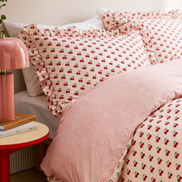 Cherry Print Duvet Cover Set Pink Ruffle Polycotton Bedding with Pillowcases