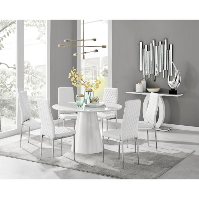 Edzard Statement Pedestal Round Dining Table Set & 6 Luxury Faux Leather Dining Chairs