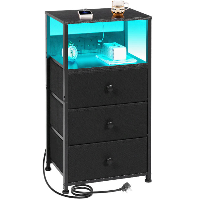39cm W LED Bedside Table with 3 Drawers, AC Outlets and USB Ports