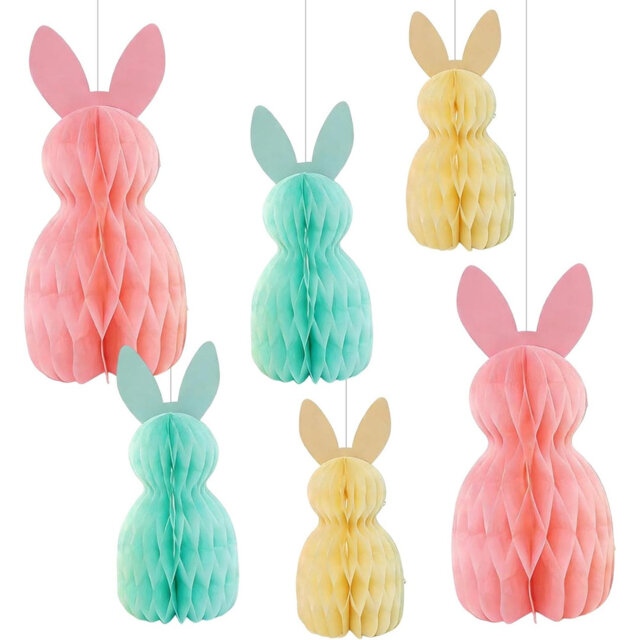 6 Pcs Easter Hanging Decorations, Rabbit Honeycomb Ball Pendant Decoration, 3D Honeycomb Bunny Decoration For Party Home Parties, Bunny Ball Bunting F