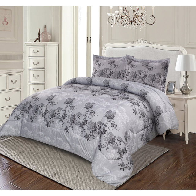 Silver Trendy Printed Bedspread Floral Design Quilted with Pillow Shams