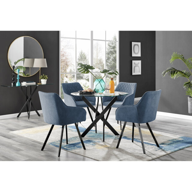 Tierra Modern Chrome Metal & Glass Round Dining Table Set with 4 Luxury Upholstered Fabric Chairs