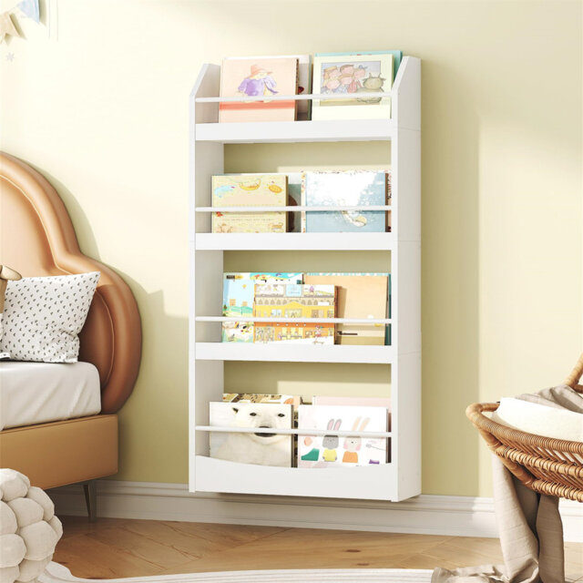 Bookshelf Wall Mounted, 4-Tier Bookcase, Storage Book Rack White by ...