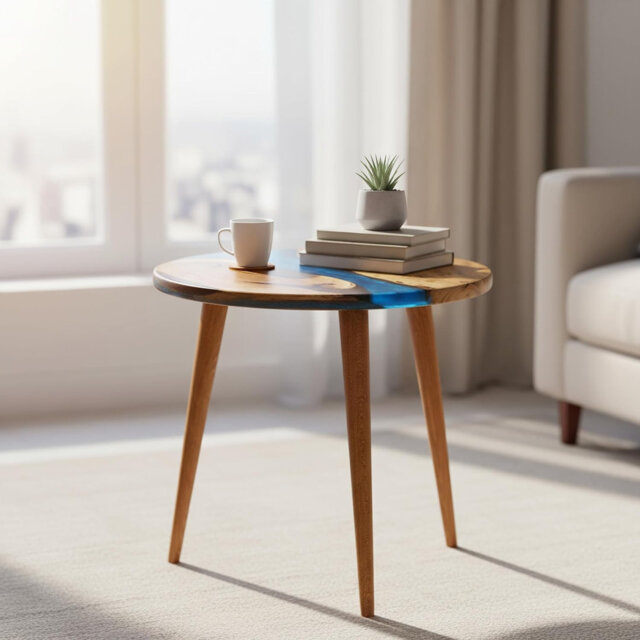 Jossa Round Walnut Resin Side Table – Epoxy River End Table for Living Room & Bedroom