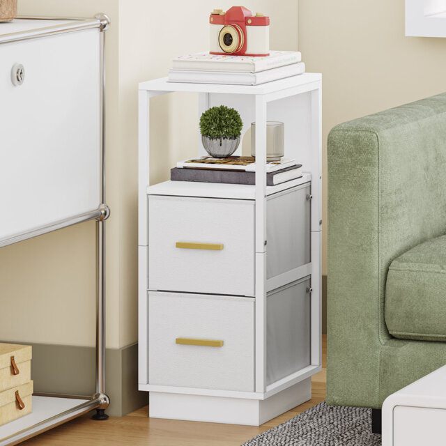 Slim Bedside Tables Set of 2, Side End Table with 2 Fabric Drawer, Metal Frame Bedside Cabinet with Open Compartment, Narrow Nightstand for Bedroom, L
