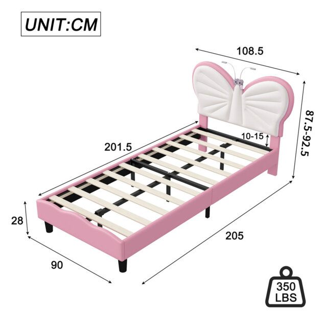 Single Children’S Bed Frame With LED Reading Lighting, Girls Bed Upholstered Platform Bed Frame With Butterfly-Shaped Adjustable Height Headboard, Eas