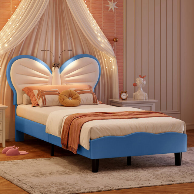 Single Children’S Bed Frame With LED Reading Lighting, Girls Bed Upholstered Platform Bed Frame With Butterfly-Shaped Adjustable Height Headboard, Eas