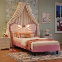 Single Children’S Bed Frame With LED Reading Lighting, Girls Bed Upholstered Platform Bed Frame With Butterfly-Shaped Adjustable Height Headboard, Eas