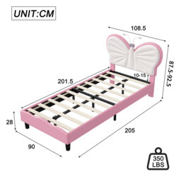 Single Children’S Bed Frame With LED Reading Lighting, Girls Bed Upholstered Platform Bed Frame With Butterfly-Shaped Adjustable Height Headboard, Eas