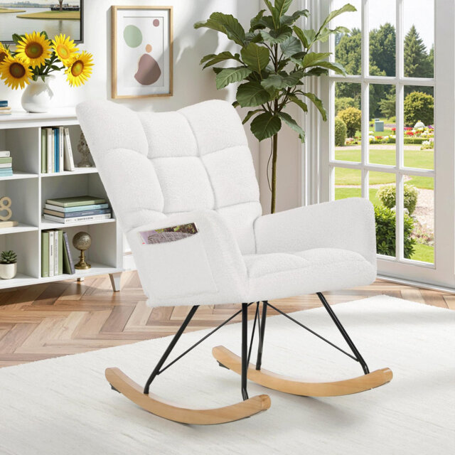 Rocking Chair, Teddy Upholstered Glider Nursing Chair For Adults, Comfy Rocking Armchair Indoor With Side Pocket For Living Room Bedroom
