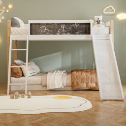 White & Natural Wooden High Sleeper Bed with Slide & Storage Stairs, 90 x 190cm Kids Single Bed Fram