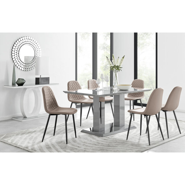 Edzard Pedestal High Gloss Dining Table Set with 6 Faux Leather Dining Chairs
