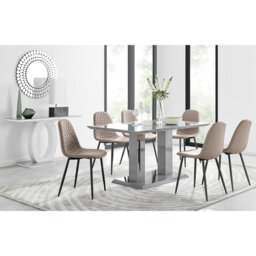 Edzard Pedestal High Gloss Dining Table Set with 6 Faux Leather Dining Chairs