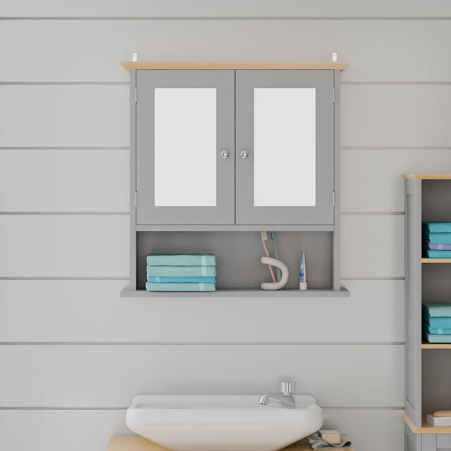 Double Door Mirrored Bathroom Cabinet – Grey Wall Mounted Cupboard With Wood Effect Top, 3 Internal Shelves & Open Shelf – Slim Storage Mirror Cabinet