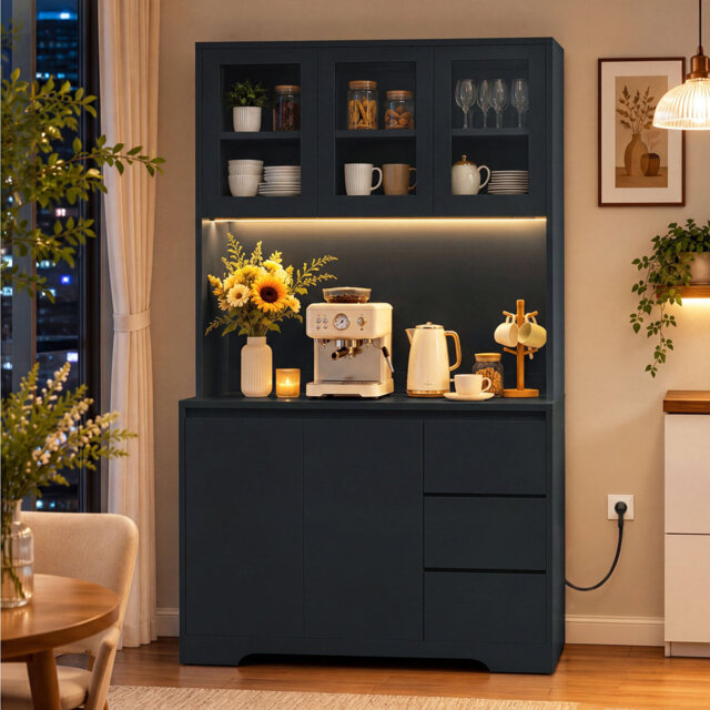 180cm Kitchen Pantry Kitchen Cupboard With LED & Shelves & Drawers & Countertop