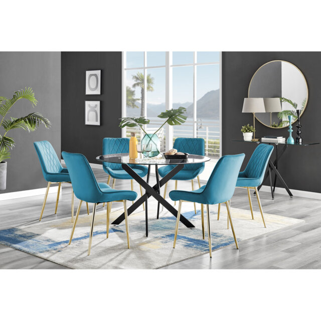 Modern Design Metal Round Glass Contemporary Dining Table & 6 Luxury Velvet Dining Chairs