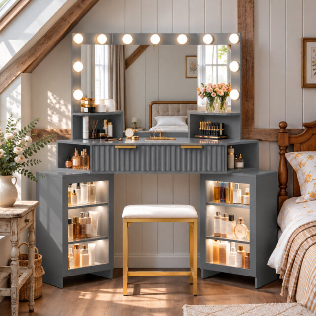 Dressing Table with Motion Sensor 3-colour lighting, Charging Socket and Stool