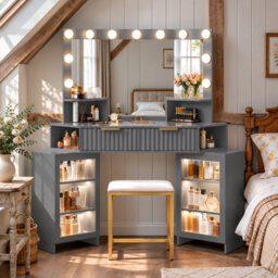 Dressing Table with Motion Sensor 3-colour lighting, Charging Socket and Stool