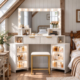 Dressing Table with Motion Sensor 3-colour lighting, Charging Socket and Stool