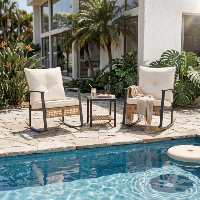 3-Piece Rattan Rocking Bistro Set with Double-Tier Table - Outdoor Water Resistant Patio Set