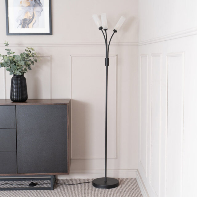 Abrianne Matt Black 3 Way Curved Arm Reed Shaded Upright Floor Lamp with LED Bulbs