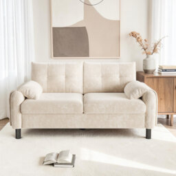 Chenille 2-Seater Sofa with Soft Cushioned Seat, Pillow-Style Armrests and Side Storage Pocket, Space-Saving Design
