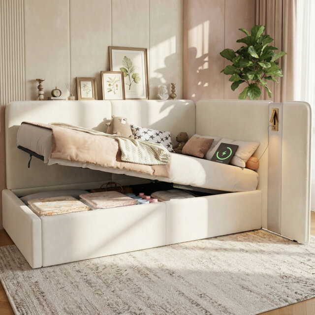 Upholstered Daybed With Hydraulic Storage, 3ft Single Bed 90x190 Cm, L-shaped Sofa Bed With Usb Port & Reading Lamp