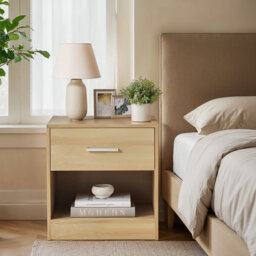 Bedside Table, Side Table with Drawer, Handle, Open Compartment