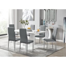Edzard Double Pedestal High Gloss Dining Table Set with 6 Luxury Faux Leather Dining Chairs