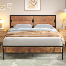 Platform Single/Double Size Bed Frame with Rustic Wood Headboard and Footboard, wood beds with Strong Metal Slats Support, No Box Spring Needed