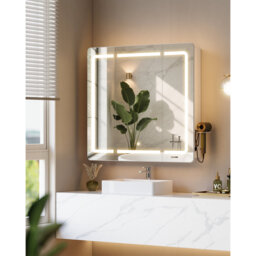 Bathroom Mirror Cabinet with Led Light, Touch Control, Illuminated Mirror Wall Cabinet with Hair Dryer Holder and Hooks, 3 Colour Dimmable, 70 x 60 cm