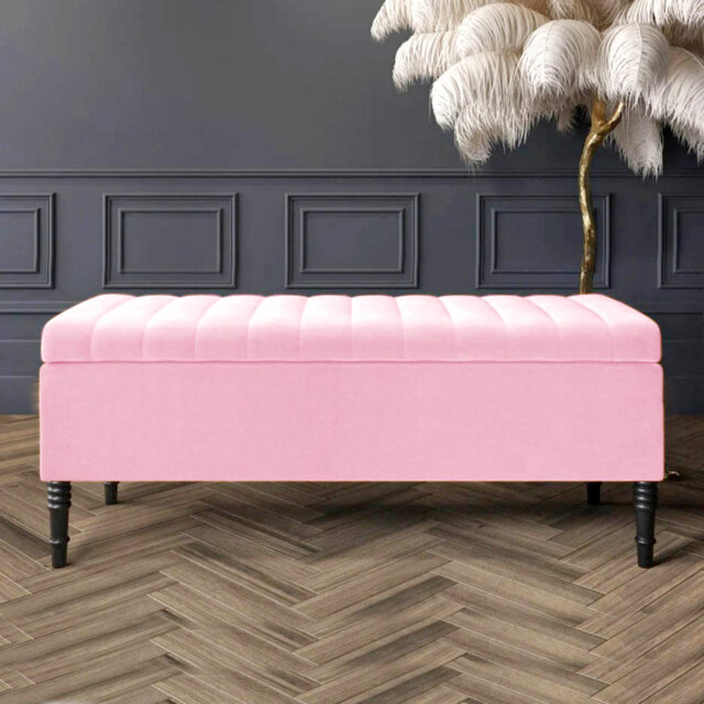 Paris Striped Ottoman Storage Bench - Upholstered Plush Velvet Shoes Bench with Black Turned Wooden Legs