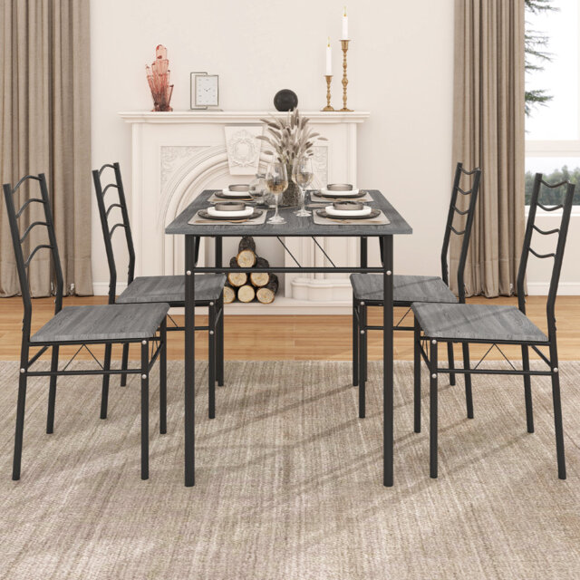 Dining Table Set With 4 Chairs, Rectangle Desk For Kitchen, Metal And Wood Furniture Table