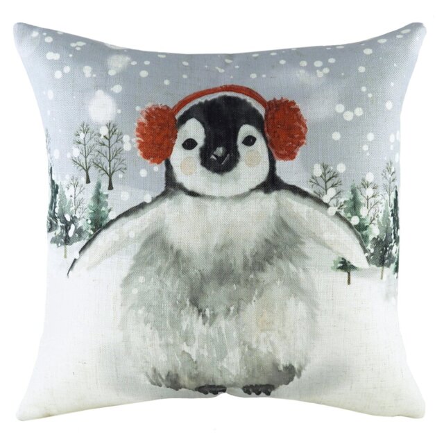 Snowy Penguin with Earmuffs Cushion with Filling