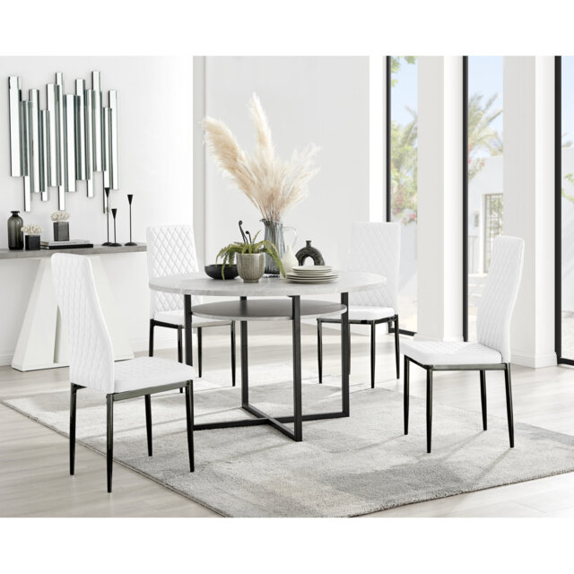Adler Round Dining Table Set with Shelf & 4 Quilted Faux Leather Dining Chairs