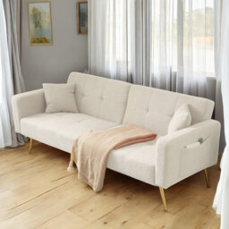 Sofa Bed Adjustable Backrest Angles With Gold Legs, Cushions And Side Storage Pockets