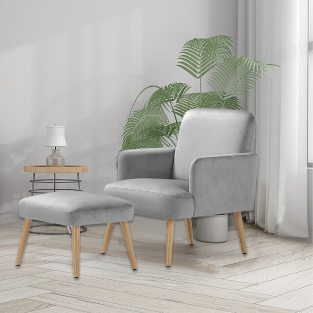 63.5Cm Wide Velvet Upholstered Armchair With Footstool