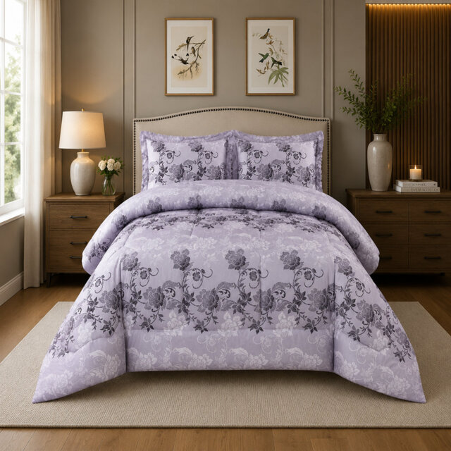 Silver Trendy Printed Bedspread Floral Design Quilted with Pillow Shams