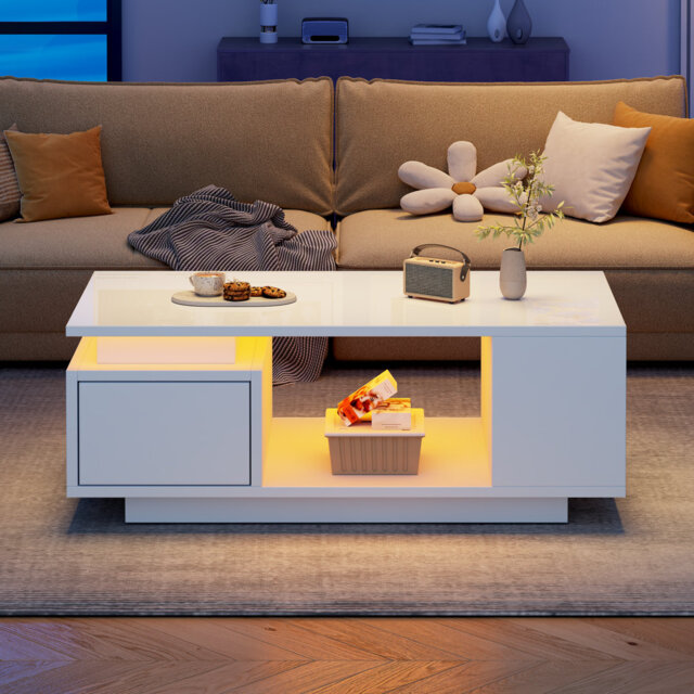 White High Gloss Coffee Table With Led Lights, 1 Drawer & Open Storage, 100x50x36cm Modern Centre Table Sofa Side End Table For Living Room Office