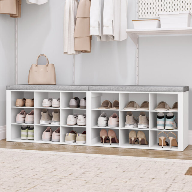 Shoe Storage Bench with Padded Seat, Shoe Rack Bench with 18 Open Compartments, Adjustable Shelves, Shoe Cabinet Storage with Cushion for Hallway Livi
