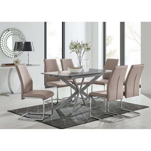 Eubanks Modern High Gloss Extendable Dining Table Set with x6 Luxury Faux Leather Dining Chairs