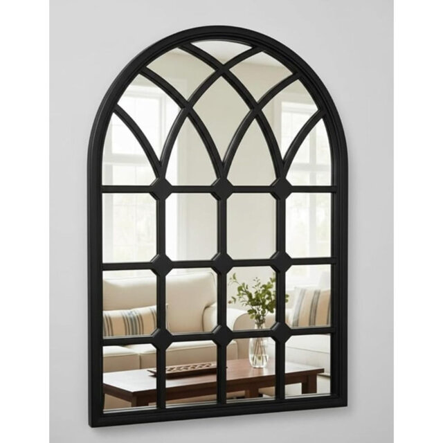 Arched Top Window Wall Hanging Mirror Black Finish Metal Frame Grid Pattern Indoor/outdoor Use Style Elegant Vanity Gothic Display Home & Office Décor