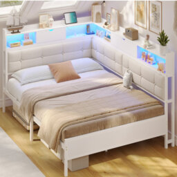Storage Day Bed Linen Corner Bed with LED Light & Charging Station No Mattress