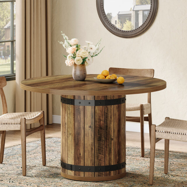 "39.37"" Round Dining Table for 4 with Fence Pedestal Base, Farmhouse Rustic Kitchen & Dining Room Table"